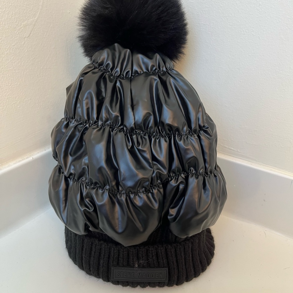 Steve Madden Shiny Black Pom-Pom Hat